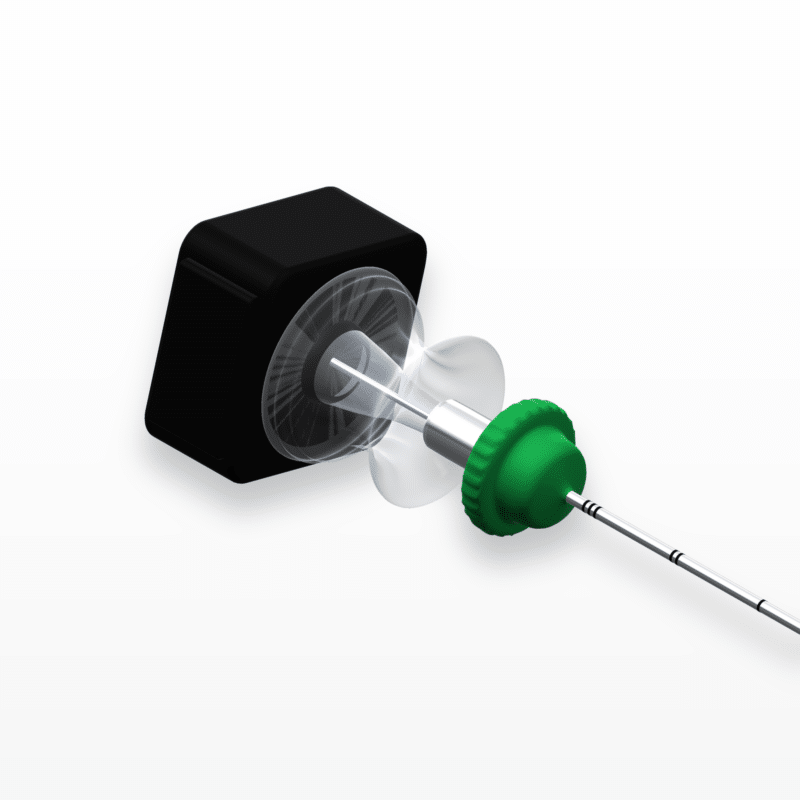 Chiba needle close-up: black stylet cap, clear polycarbonate Luer hub and green gauge collar